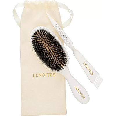 Hair Brush Wild Boar with pouch and cleaner tool, White – LENOITES